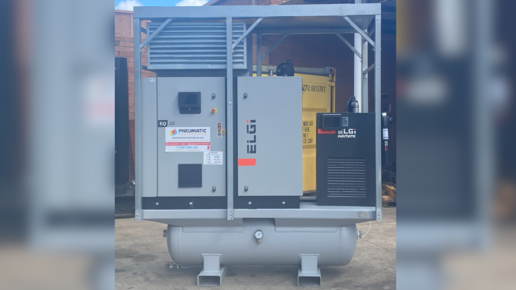 This ELGi EQ 18kW package- complete with refrigeration dryers, and mounted on a receiver- was customised for a coastal port environment with added weatherproofing and protective coating. The electricals were also upgraded to integrate with site comms.